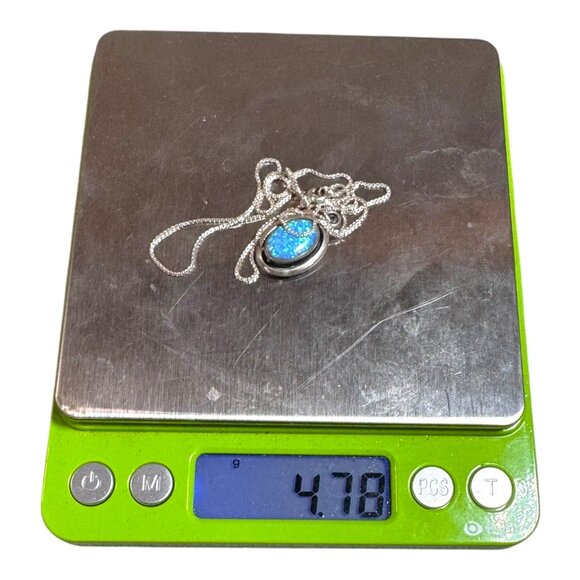 Ott Navajo Signed Opal Blue Sterling Silver Oval Pendant Necklace Box Chain 16" - Picture 7 of 10